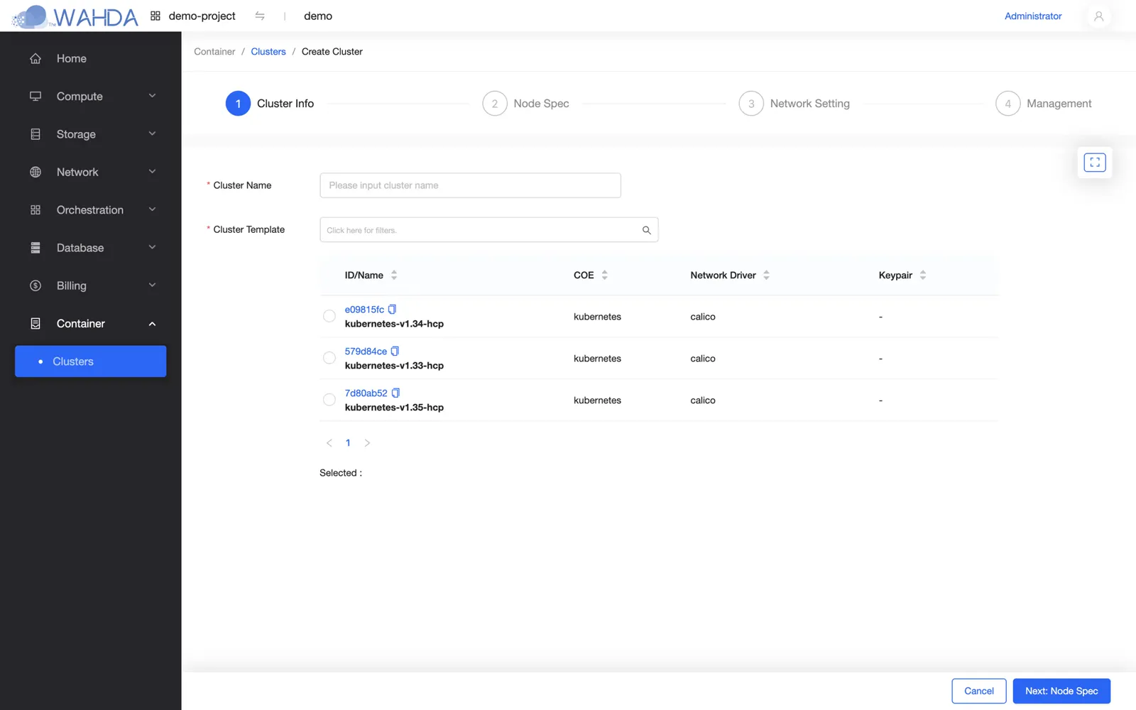 Wahda Cloud console